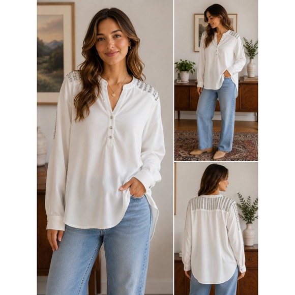 Chico's Tops - Chico's Sz 1 White‎ Embellished Shoulder Blouse Rhinestone Tunic Top Long Sleeve